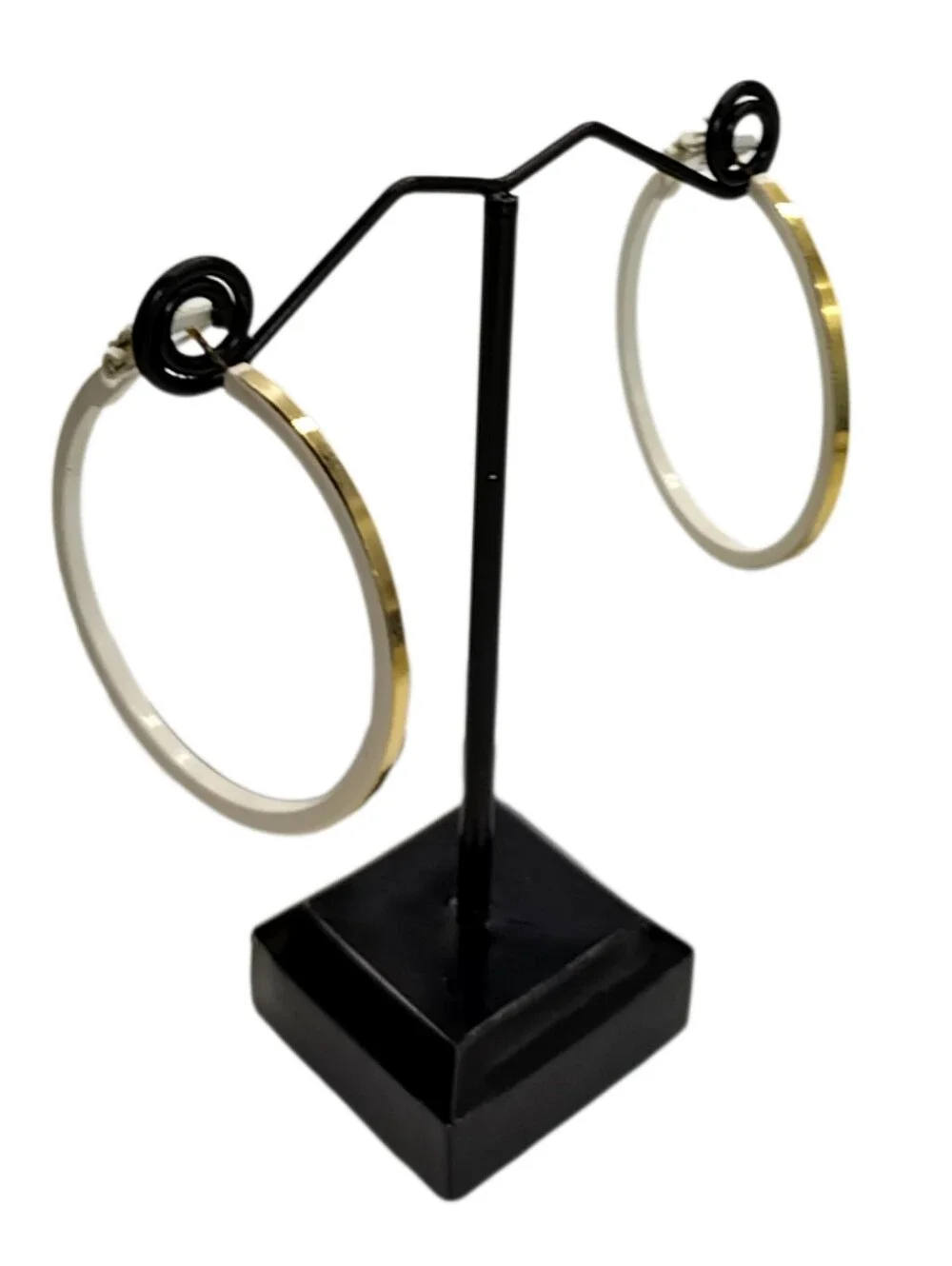 White & Gold Rim Hoop Earrings 1.5